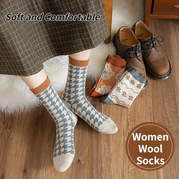 5/10 Pairs Wool Socks for Women Thick Knit Vintage Cute Floral Crew Socks - Picture 4 of 8